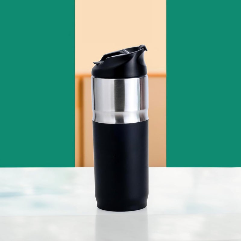 NESSAN Black Dual-Use Travel Mug 380ml - Double Wall Vacuum Insulated Stainless Steel Coffee Cup with Straw & Direct Sip Lid - Image 1